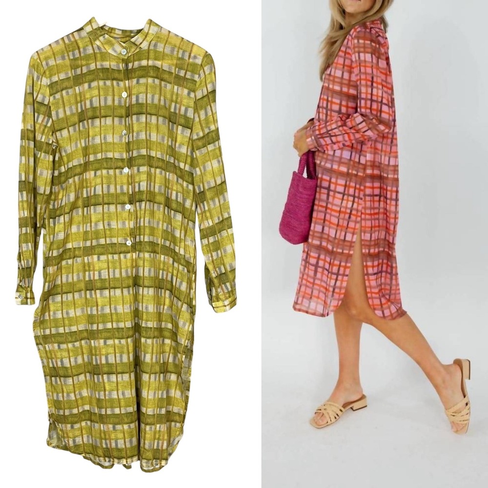 Romualda Fez Dress Yellow Plaid Tunic Women Size Large Long Sleeve Lightweight